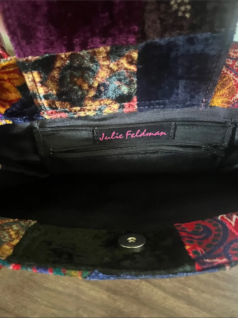 Julie Feldman Patchwork Velvet Tote with Crocodile Red Handles